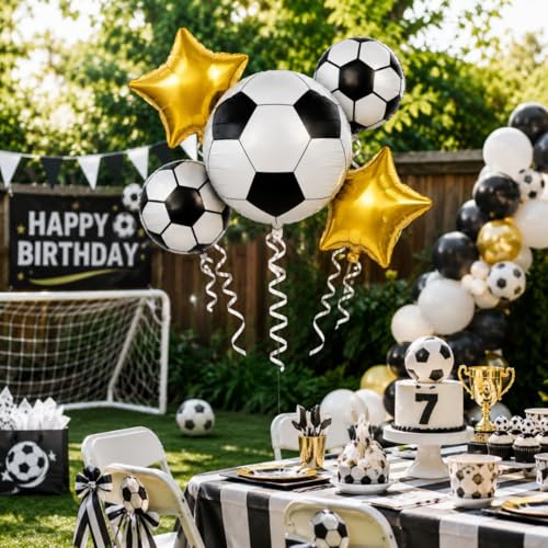 Image of Wanna Party Soccer Theme Foil Balloon Bouquet Set of 5 | Football Theme Helium Supported Balloons for Birthday Party Decoration, Sports Celebration & Cake Table Setup