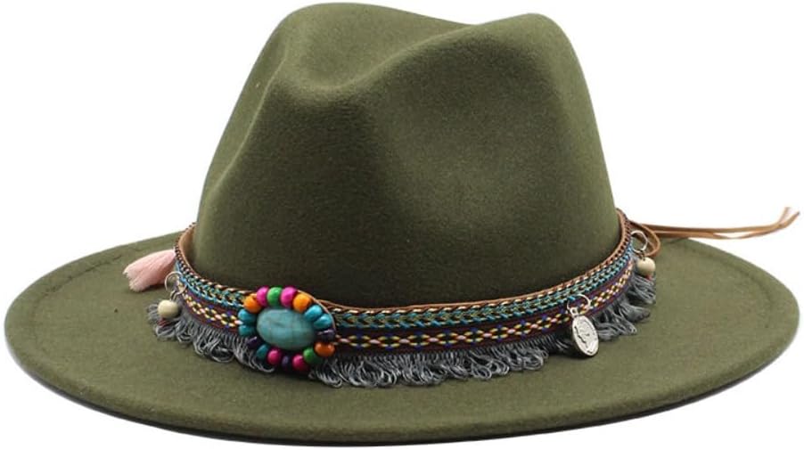 Western Wool Felt Fedora Hat, Olive Green with Bohemian Band, Turquoise Stone Accent, Wide Brim Cowboy Style