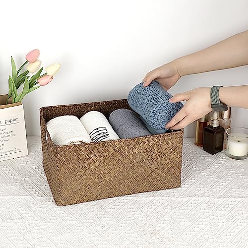 Miniatura 6 de Ignpion Cesta De Almacenamiento De Pasto Marino Abierta De Mimbre Tejida Para Sala De Estar, Caja Decorativa De Escritorio, Cesta De Toallas Rectangular De Baño, Organizador De Almacenamiento Para