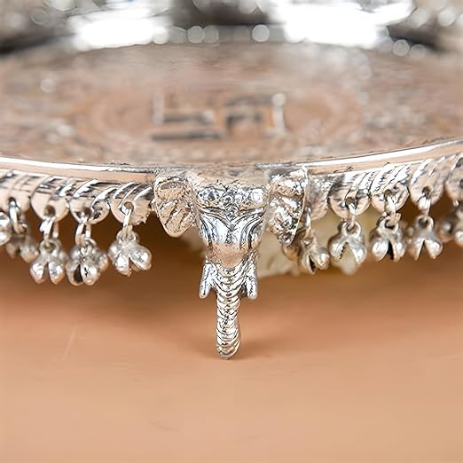 Image of German Silver Pooja Aarti /Thali with Full Ghungroo Layer Home /Temple /Mandir,Decorative Pooja Plate Set for,Karva Chauth, Diwali,Ganesh,Janmashtami Pujan & Wedding Item- Set of 6 Item