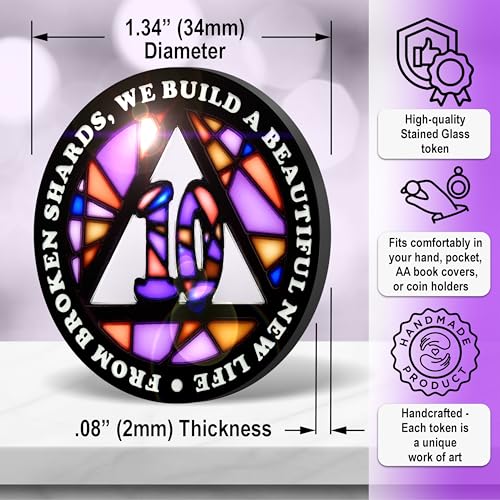 Image of Stained Glass 10 Year AA Chip Sobriety Coin Medallion, Fragments to Freedom Alcoholics Anonymous Addiction Recovery Anniversary Token, Inspirational Sober Gifts for Men and Women by the Token Shop