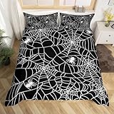 Feelyou Boys Spider Web Printed Bedding Set for Kids Full Size Halloween Themed Comforter Cover Decorative Scary Spider Pattern Duvet Cover Black White Animal Theme Bedspread Cover 3Pcs Bedclothes