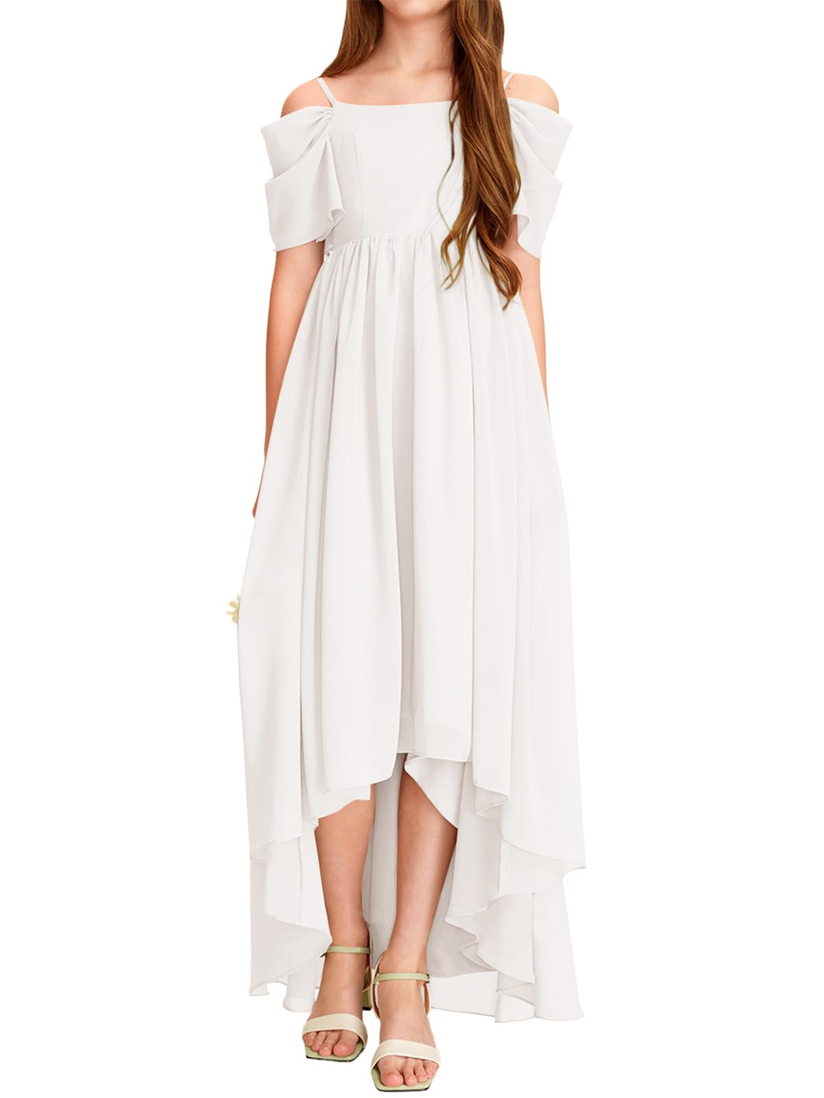 Haloumoning Robe asymétrique en mousseline de soie à épaules dénudées pour fille - Pour demoiselle d'honneur, fête d'anniversaire