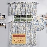 Maison d' Hermine Kitchen Curtains Sets for Windows 100% Cotton Set of Kitchen Curtains Valances for Home [2 Tiers (28'X36') and 1 Valance (56'X18')] Cafe Easter Decorations (The Miller - Blue)