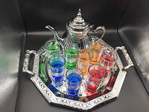 Juego de t� marroqu� Completo, Tetera induccion con Filtro Integrado 1.6ml + Bandeja 42cm plateada hexagonal con asas + 8 Vasos de cristal coloridos + cuchara de madera para el te