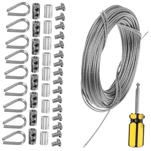 WOONEKY Stainless Steel Wire Rope Kit Thimbles Easy Install for Outdoor Garden Fences Curtains Lamps 20m