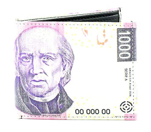 Li Slim Bifold Wallet - Top flap 2 ID Window Vegan Leather Wallet for Men with 7 Credit Cards, 2 Inner Slots & 2 Cash Compartments -1000 Peso Mexico Print Men Wallet with White Stitching & Gift Box