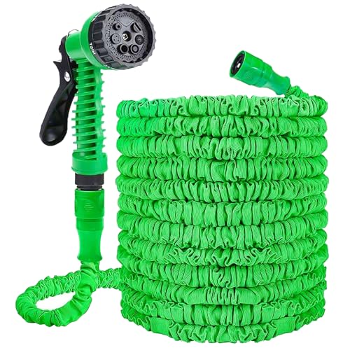 Expandable Garden Hose Pipe, Flexible Water Hose with 7 Modes Spray Gun, 3 Times Flexible Expanding Magic Garden Water Hose Pipe, Leak-Proof Retractable Stretch Hosen for Garden, Green (25FT)