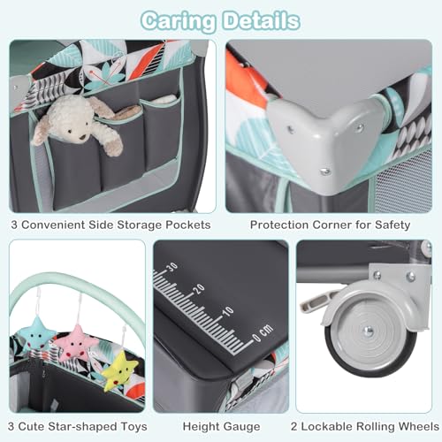 COSTWAY 4 in 1 Foldable Travel Cot, Portable Baby Bed Playard with Bassinet, Changing Table, Canopy, Music Box, Wheels, Carry Bag, Storage Rack, Nursery Center for Newborn Toddlers (Dark Gray+Floral) 9 COSTWAY 4 in 1 Foldable Travel Cot, Portable Baby Bed Playard with Bassinet, Changing Table, Canopy, Music Box, Wheels, Carry Bag, Storage Rack, Nursery Center for Newborn Toddlers (Dark Gray+Floral) - Image 9