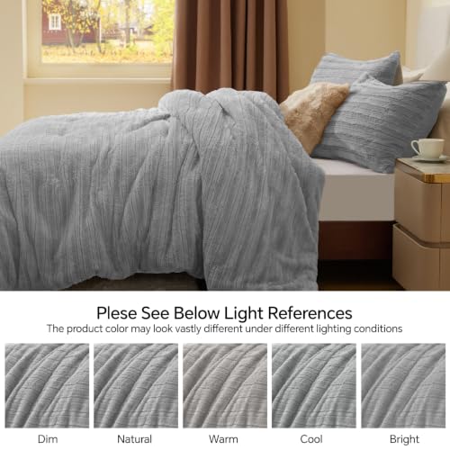 Image of BEDELITE Faux Fur Queen Comforter Set, Fluffy Bed Set, Light Grey | Super Soft & Warm, Luxury Fuzzy Cozy Comforter for Winter, Heavy Plush Bed set, with 2 Pillowcases