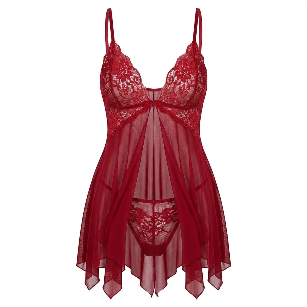 Women's Lace Babydoll Lingerie Nightwear with G-String Panty | Soft Mesh Sheer Chemise Sleepwear for Women | Sleeveless V-Neck Bridal Honeymoon Night Dress-picture-13