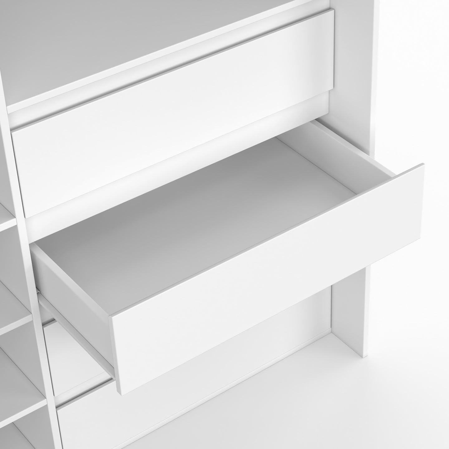 IDMarket - Dressing extensible XXL MARTY 120/170 x 50 x 180 cm blanc avec 4 tiroirs + étagères + penderie + rideau gris