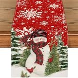 Camino de Mesa de Navidad 33 x 183 cm Muñeco de Nieve Rojo y árbol de Navidad Camino de Mesa de Navidad de Lino Lavable Moderno Invierno para Mesa de Comedor, decoración para Interior y Exterior