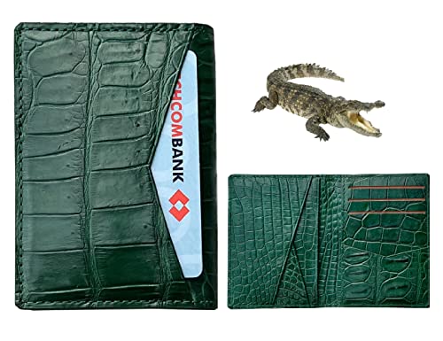 Green Alligator Leather Slim Minimalist Wallet Men Crocodile Double Side Bifold Vertical Credit Card Holder Premium RFID Blocking Handmade Vietnamese Green-CARD-14
