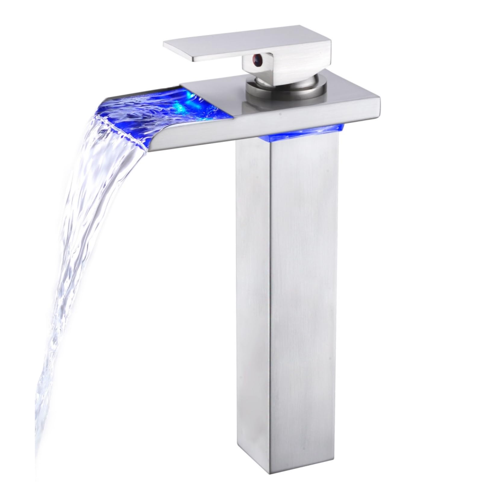 Grifo del fregadero del lavabo de la sola mano, boquilla llevada de la cascada de la tecnología ligera, grifo cromado del cuarto de baño del solo agujero