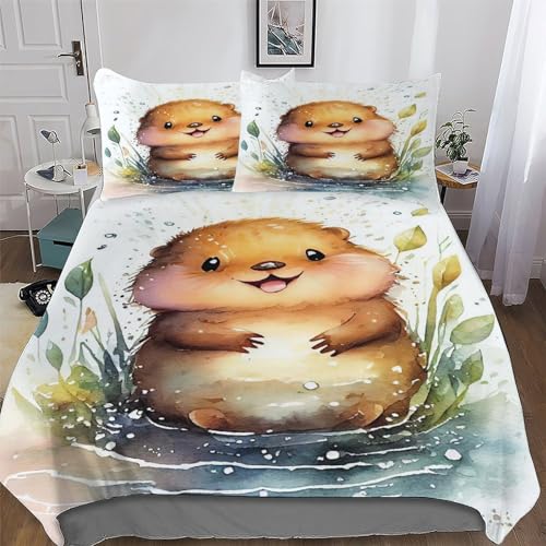 Beaver Duvet Cover Set Kids Bed Cover Adults Bedroom Quilt Cover 3 Pcs, 3D Printing Bedding Comforter Cover Bedspread, Soft Microfiber Bed Set King (220x240cm)