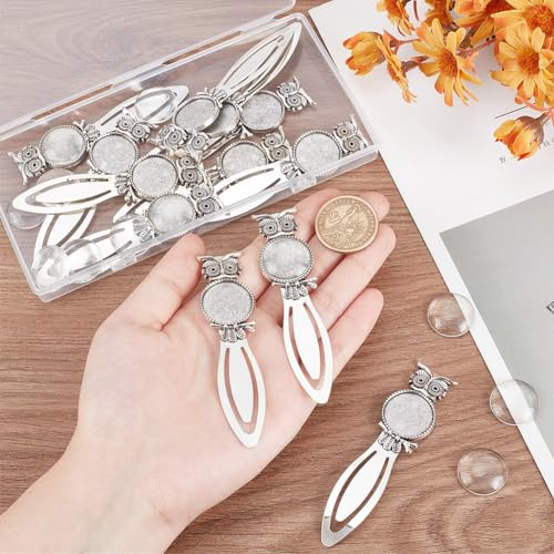 HOBBIESAY 12Pcs Halloween Owl Animal Bookmarks Kits Alloy Cabochon Bookmark Tray Antique Silver Bookmarks Bezel Settings with Round Tray and Fit for DIY Bookmark Making Book Lovers,Tray: 20mm - Image 3