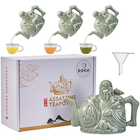 RORA Assassins Teapot Ceramic Handmade Magic Tea Kettle for Three Drinks in One Pot, Two Heart Design Chinese Tea Pot with Mini Funnel, 16 oz Cover