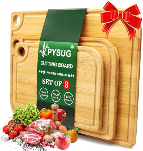 3-Piece Bamboo Cutting Board Set With Juice Groove - Kitchen Chopping Boards
