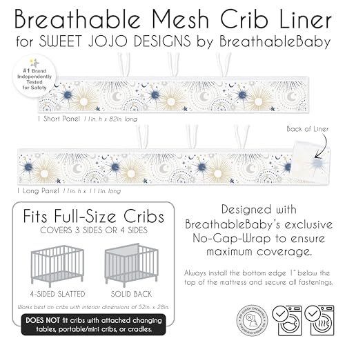 Sweet Jojo Designs + BreathableBaby 2-Piece Breathable Mesh Crib Liner Set (Stars and Moon) for Boys/Girls, Baby, Infants/Newborn Nursery (Navy Blue, Gold, Grey, Celestial, Sky, Stars, Shabby Chic)