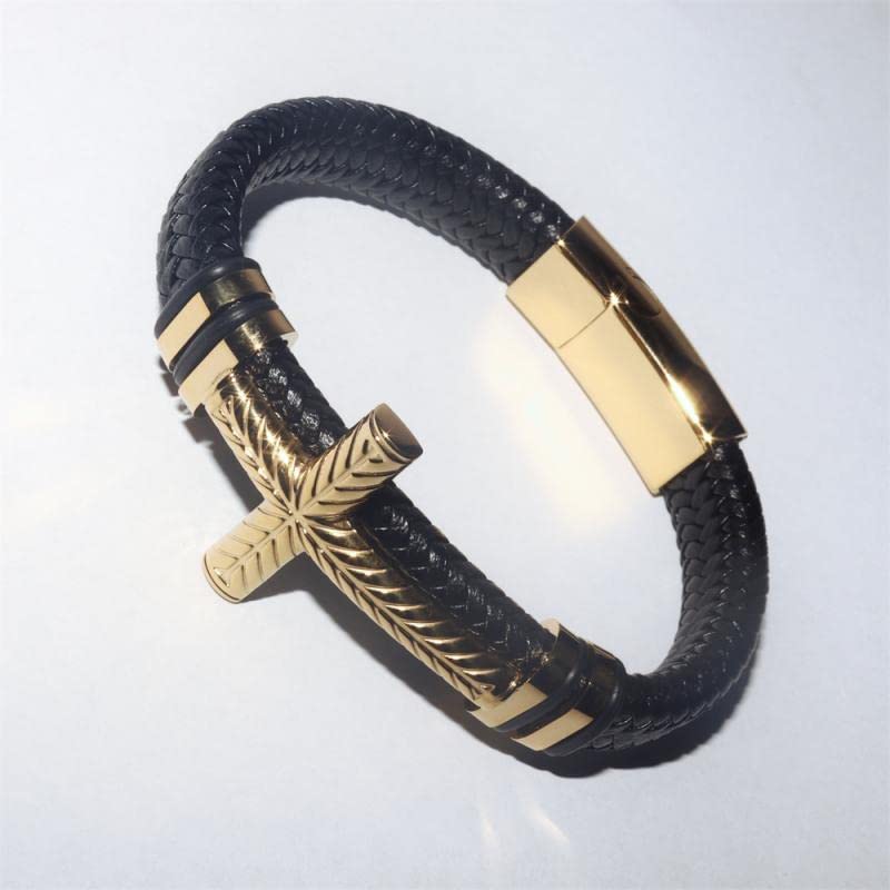 Bracelets pour hommes cuir et croix look décontracté chic - 5