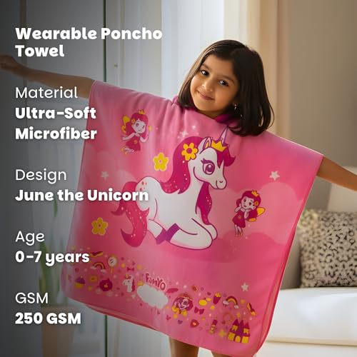 Image of Famyo Hood Maxx Poncho Towel For Kids 1-7 Years| Quick Dry Kids Towel| Soft Lightweight Baby Wrap for Beach | 60 X 60Cm Toddler Pool Towel For Boys & Girls | Micro-Fiber Bath Towels |June The Unicorn