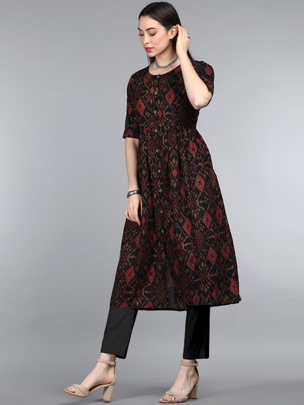 Image of Vaamsi Women's Geometric Printed Flared Kurta (VCK1371A Black)