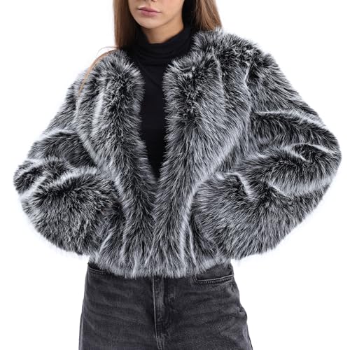 Amazhiyu Women's Faux Fur Long Sleeve Open-front Winter Cropped Coat with Pockets Black, Medium