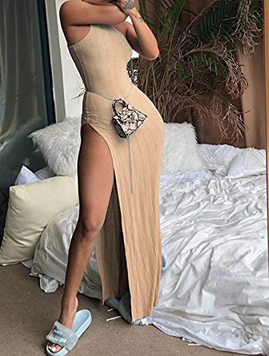 Xllais Summer Dresses For Women Beach Sexy Ribbed Side Slit Bodycon One Shouler Maxi Dress Beachwear Khaki M #TOP5
