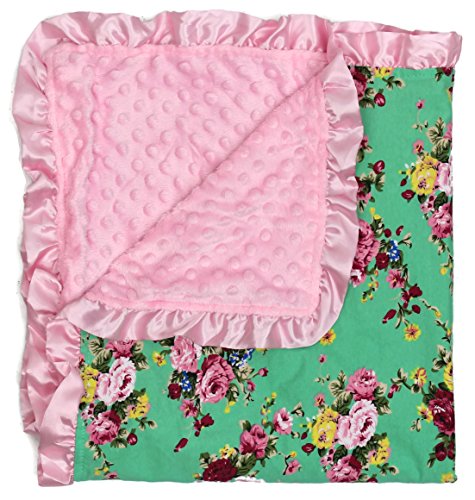 Image of Dear Baby Gear Baby Blankets, Vintage Floral Pink Roses on Mint, Pink Minky