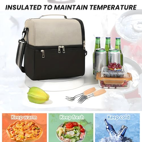 Image of OCEANEVO 2 Compartment Insulated Lunch Bag with Luggage Tag, Tiffin Bag for Office with Handle and Shoulder Strap for Men and Women - 28 x 25 x 18 Cm - Beige