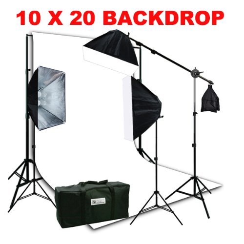 Image of ePhotoInc 10 X 20 Large White Muslin Support Stands 3200K Warm Temp Light 3 Point Continuous Video Photography Studio Hair Lighting Kit H9004SB-1020W 3200K