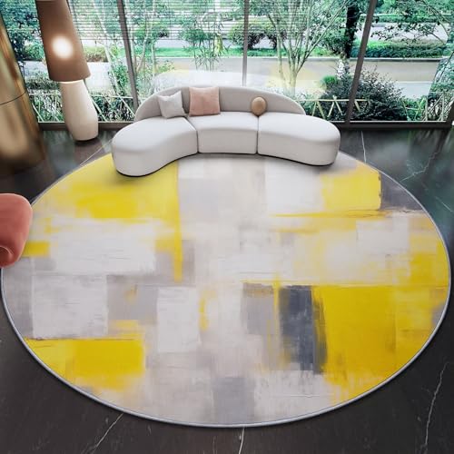 Gris Amarillo Alfombra Redonda 90 cm - Abstracto Geométrico Bloques De Color Tema Alfombra Redonda de Pelo Corto, Antideslizante Alfombras Redondas para Pasillo Comedor y Sala de Estar