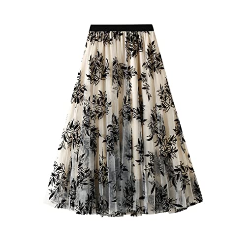 SotRong - Falda de tul con capas y cintura alta elástica para mujer, falda midi de línea A, de malla, plisado de gasa con decoración floral, K-Beige, Talla única