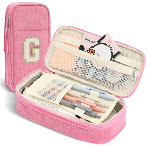 Image of Pink Preppy Pencil Case, Large Initial Pencil Pouch with Zipper, Back to School Supplies, Aesthetic Pen Case Box for Kids Teen Girls