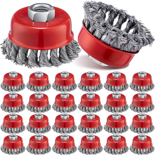 Tandefio 24 Pcs 3 Inch Wire Wheel Cup Brush with 5/8'-11 Threaded Arbor for 4 1/2 Angle Grinder Twisted Knotted Grinder Abrasive Wire Brushes for Heavy Cleaning Rust Removal (Classic)