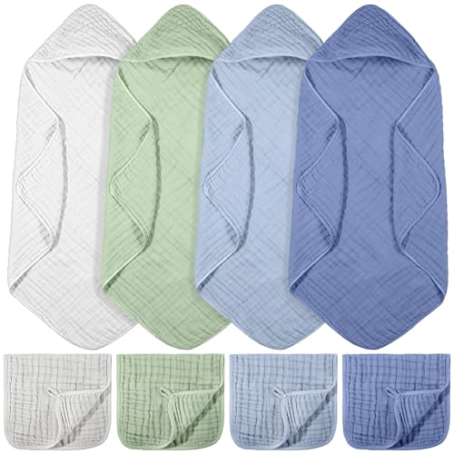 Image of VitalCozy 8 Pcs Baby Muslin Hooded Bath Towels and Washcloths, 32 x 32 Inch Muslin Cotton Hooded Baby Towels Absorbent Blankets for Gift Newborn Infant Shower (Calming Color)