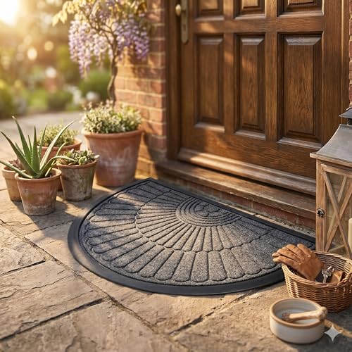 Image of Half Round Door Mat for Entryway - Non-Slip Semi Circle Welcome Mat for Front Door, Indoor Outdoor Doormat with Rubber Backing, Low Profile Dirt Trapper Rug for Porch, Garage - 45x75 cm