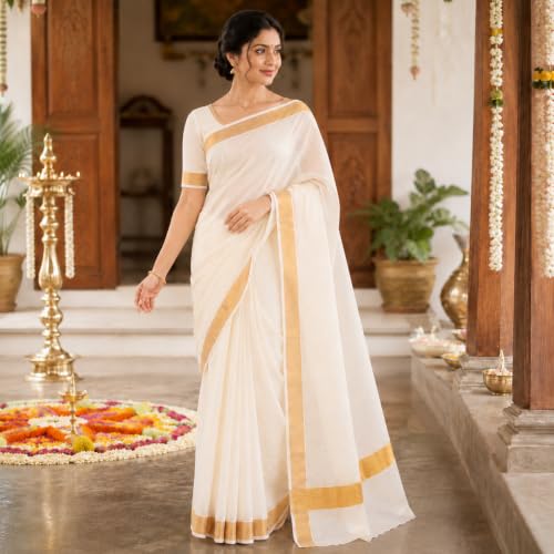 Image of Women's Kerala Off white cotton saree with running blouse| Onam Saree | Vishu Saree | Traditional White Saree
