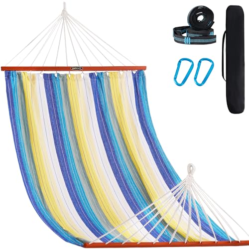 Lazy Daze Hammocks Cotton Fabric Double Hammock with 55" Spreader Bar, Portable Camping Hammock with Carrying Bag & Tree Straps for Patio, Backyard, Balcony, 450lbs Capacity, Blue & Yellow by Lazy Daze Hammocks - Used condition - US$39.35