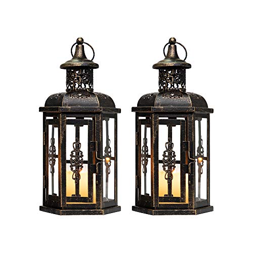 JHY DESIGN Juego de 2 linternas decorativas, linterna colgante de estilo vintage de 25 cm de alto, candelabro de metal para interiores al aire libre, eventos, fiestas y bodas (negro con pincel dorado)