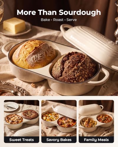 Image of Sourdough Bread Baking Kit with Double Loaf Cast Iron Bread Pan, White | Bakes two mini loaves at once with banneton proofing baskets included