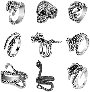 Dacitiery 9 Pieces Mens Rings Vintage Punk Rings Octopus Dragon Snake Ring for Men Women Adjustable Cool Gothic Ring Set
