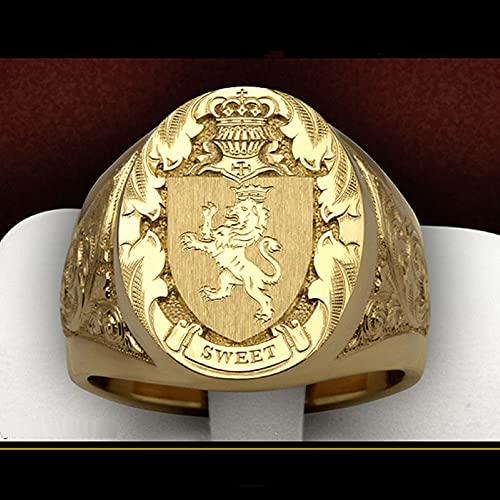 QUSIIOSLK 18K Gold Plated Lion Shield Ring Vintage Crown Badge Engraving Ring Animal Theme Royal Amulet Hip Hop Rock Ring Jewelry Gift for Men 8