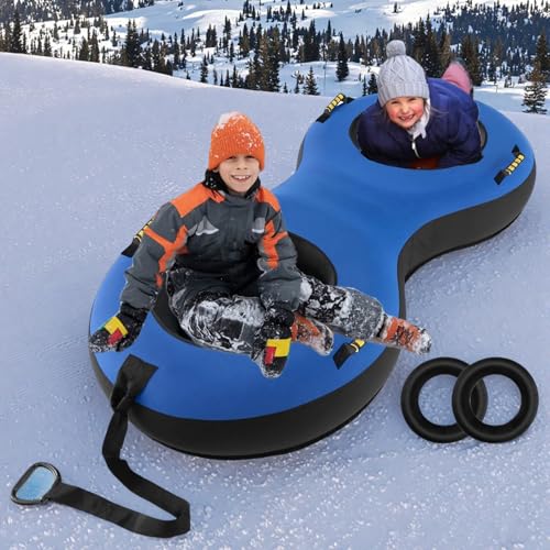 Aufblasbare Schlitten für 2 Personen mit Griff 200cm Langer Schneereifen mit Sitzkissen Schleppleine Reifenpumpe Winter Snow Tube Rodelreifen für Kinder Erwachsene, 400kg Belastbar
