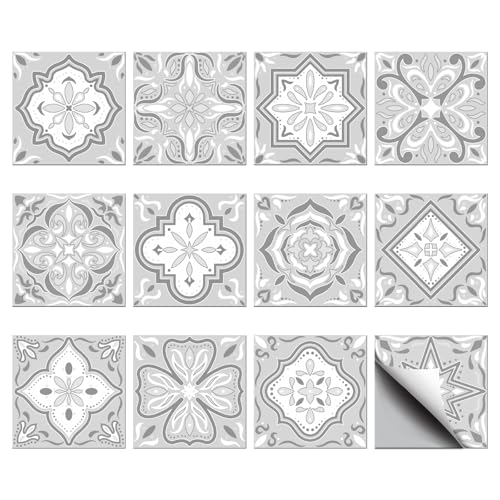 CHGCRAFT 36pcs 12 Styles Gray Mandala Peel and Stick Tile Stickers Waterproof Tile Stickers Square with Flower Pattern for Kitchen Bathroom Bedroom Wall Fireplace Floor Decoration, 3.94×3.94inch