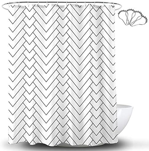 DeKeLaiFu Black and White Shower Curtain Cloth Fabric Geometric Chevron Design with Steel Hooks, Simple Modern Striped White Shower Curtains Bathroom Waterproof Weighted, 180x180 cm