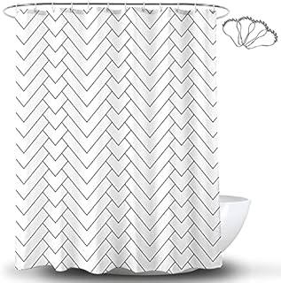 DeKeLaiFu Black and White Shower Curtain Cloth Fabric Geometric Chevron Design with Steel Hooks, Simple Modern Striped White Shower Curtains Bathroom Waterproof Weighted, 180x180 cm