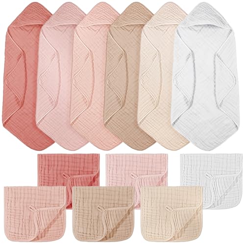 Image of VitalCozy 12 Pcs Baby Muslin Hooded Bath Towels and Washcloths, Muslin Hooded Baby Towels Absorbent Blankets for Gift Newborn Infant Shower (Pink Beige Series)