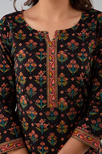 Image of Rapsodia Women Cotton Black Floral Printed Short Kurti, Jaipuri Gold Printed Tunic for Girls and Women's